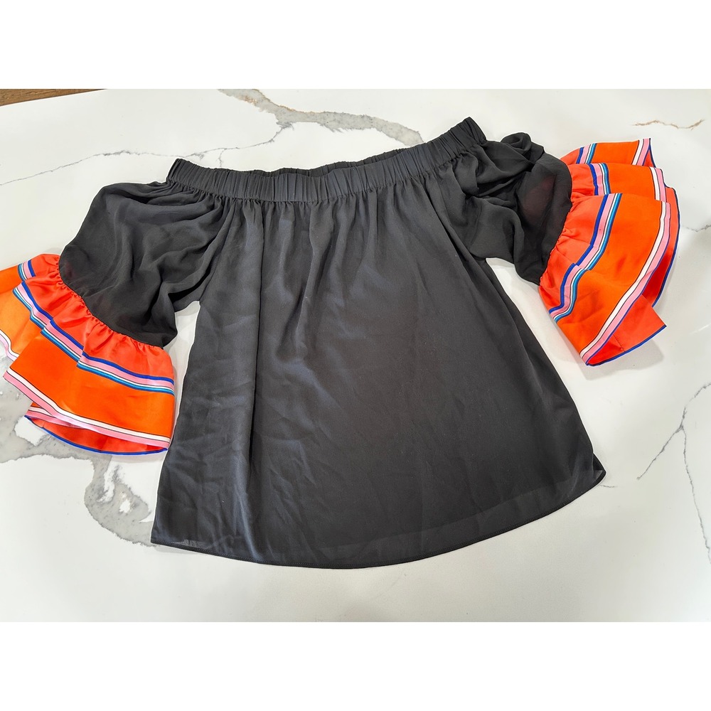 Soft Surroundings Black Off Shoulder Bell Sleeve Ruffle Orange Print Top Size S